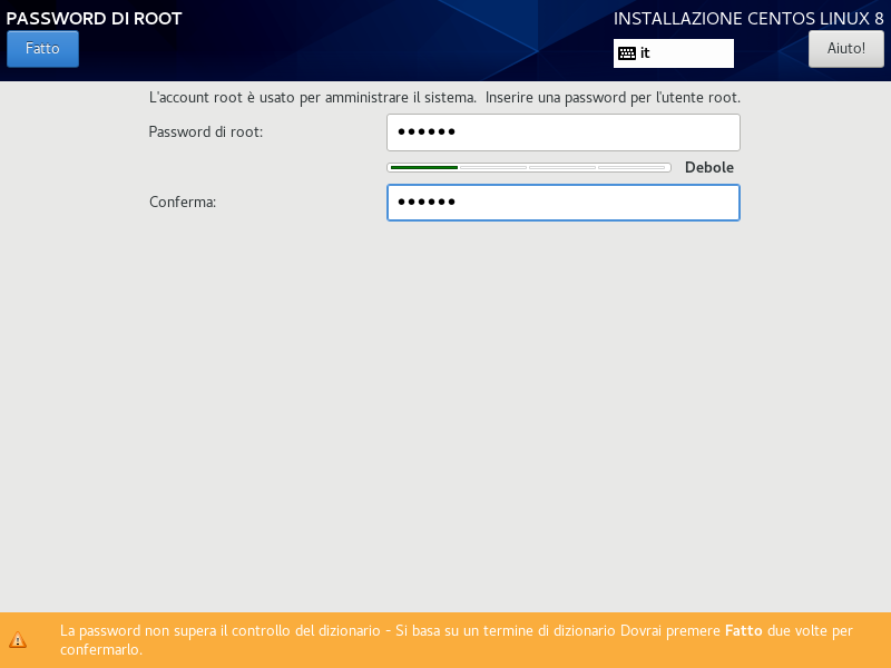 password utente root centos 8